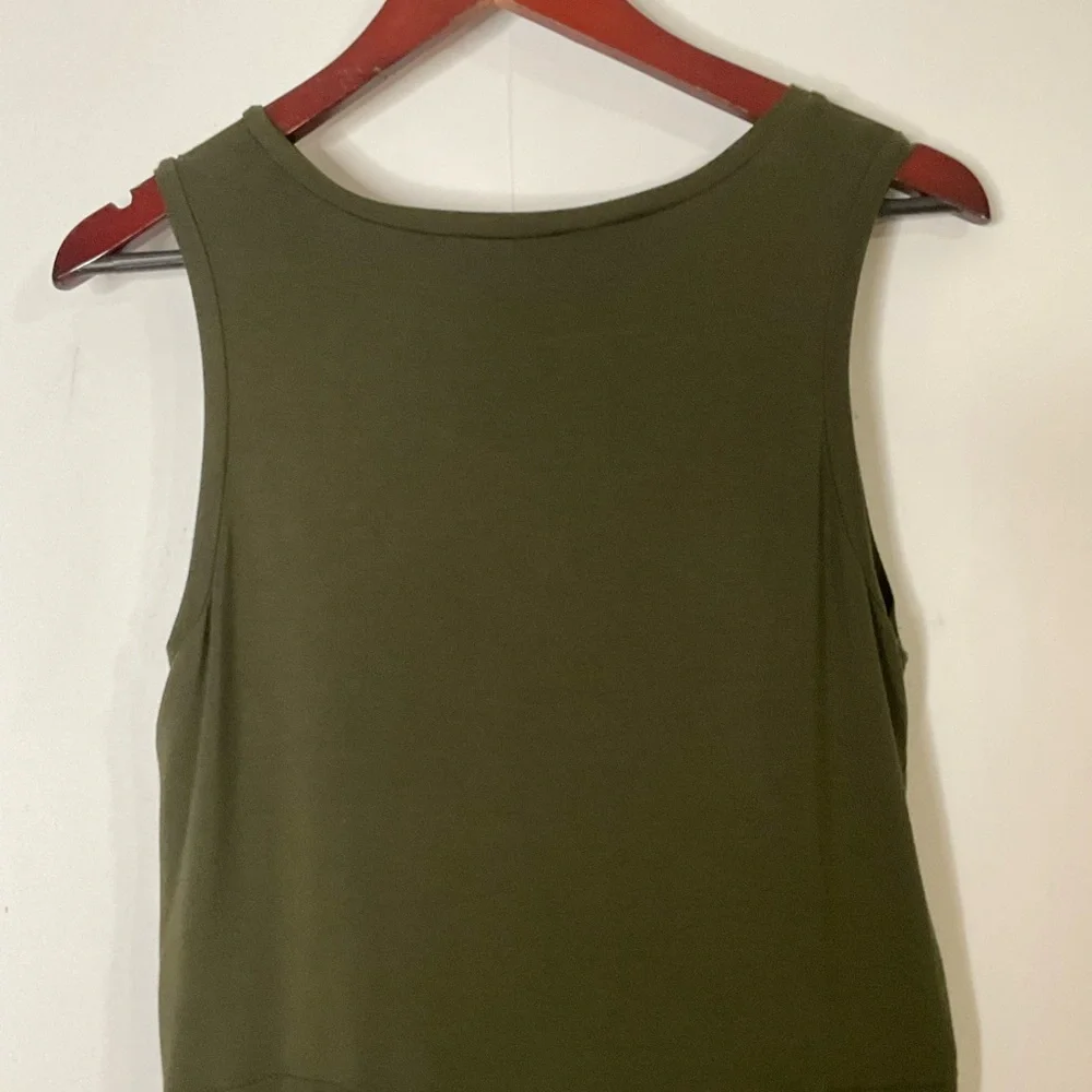 Michael Kors Army Green Sheer Layered Panels; Logo Emblem Tank Top; Size Medium